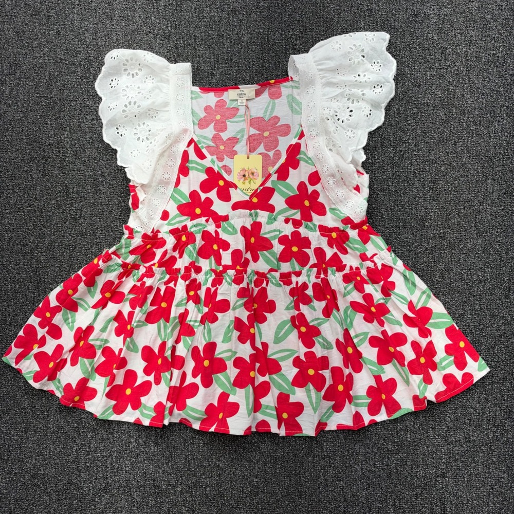Entro Floral V-Neck Tiered Eyelet Flutter Sleeve Top Womens S Red White NEW